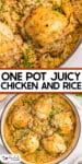 A pot of cooked chicken thighs over seasoned rice close up and a second image of the chicken and rice in the pot with text title in between the images.