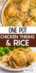 Chicken thighs with seasoned rice in a pot, over a second image of the chicken on a plate with broccoli with title text in the middle.