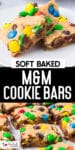 Two M&M cookie bars piled on a plate over a second image of the cookie bars sliced on a pan with title text between the images.