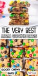 Close-up of M&M cookie bars stacked on a plate over a second image of the cookie bars sliced from above with title text between the images.