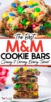 Stack of M&M cookie bars up close on a plate over a second image of the cookie bars stacked in a tall stack from the side with title text between the images.