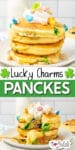 A stack of pancakes with colorful cereal pieces and a dollop of whipped cream on top over a second image of a bite being pulled out of the pancakes with a fork.