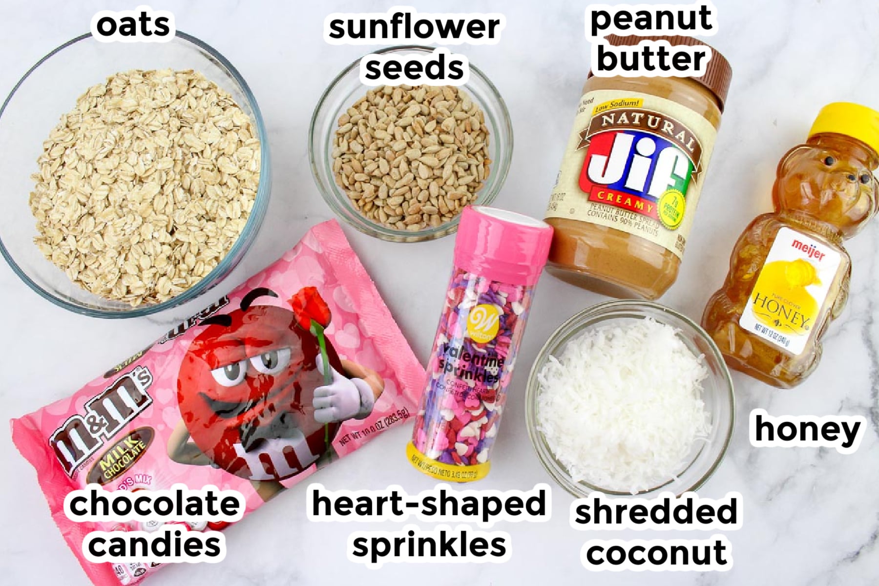 Ingredients for snack bites on a counter with text labels.