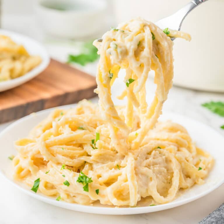 Square view of a fork lifting a portion of creamy linguini alfredo from a plate.