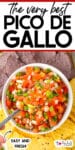 Bowl of pico de gallo surrounded by blue and yellow tortilla chips with title text across the top of the image.