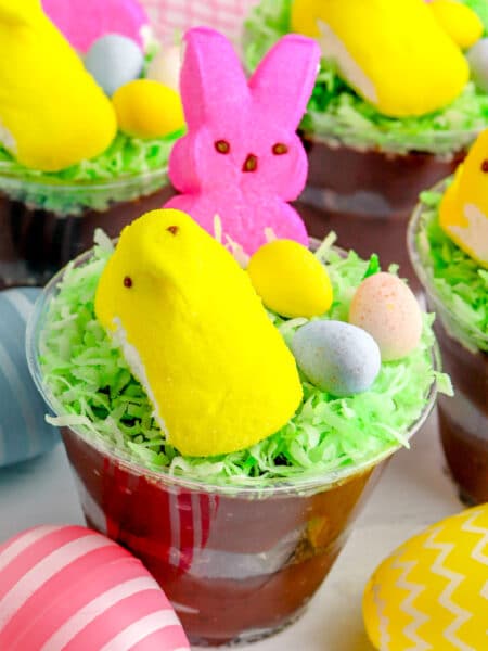 Colorful Easter dirt cups topped with Easter candies close up.