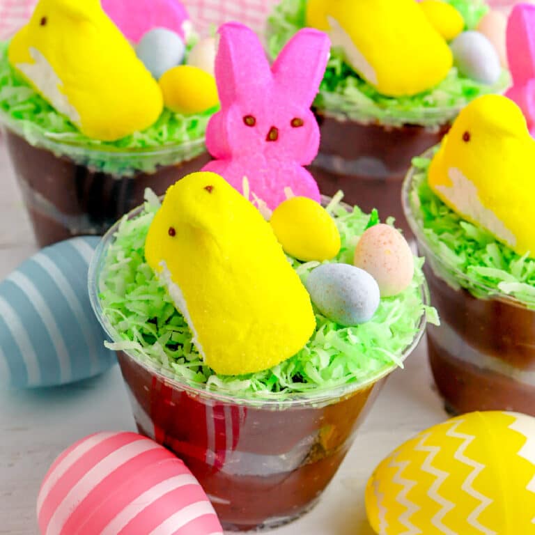 Colorful Easter dirt cups topped with Easter candies close up.