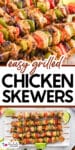 Grilled chicken skewers with colorful bell peppers and onions served on a white plate with lime wedges both on a platter and up close.