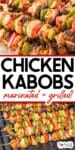 Grilled chicken kabobs with pieces of chicken, red and green bell peppers, and onions on skewers, shown both plated and cooking on a grill.