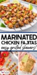 Grilled chicken fajita skewers on a platter and showing the steps of adding the meat and veggies on skewers and making the marinade.