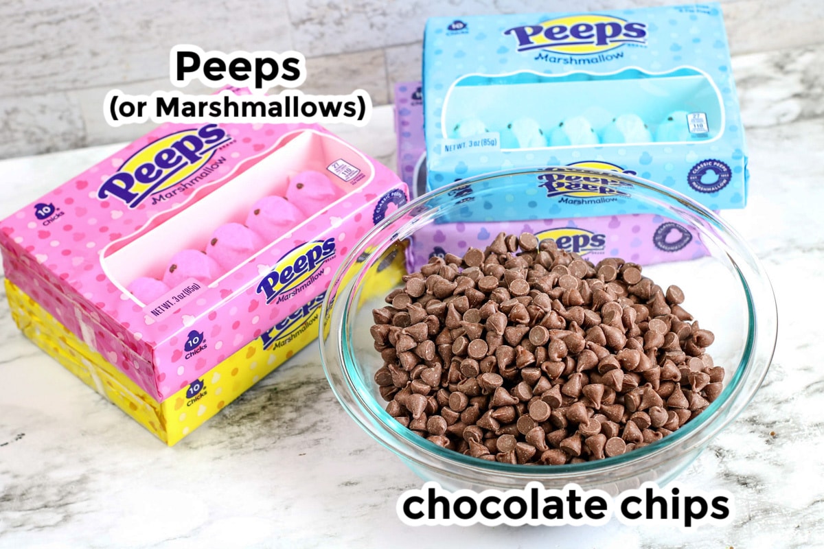 Peeps marshmallows and chocolate chips, the ingredients needed for Peep's S'mores dip.