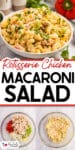 A bowl of rotisserie chicken macaroni salad garnished with herbs, displayed with images showing salad ingredients and the final mixed dish.