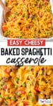 Baked spaghetti casserole topped with melted cheese, ground meat, peas, and diced red bell peppers in a white baking dish over a second image of a close up on the pasta.