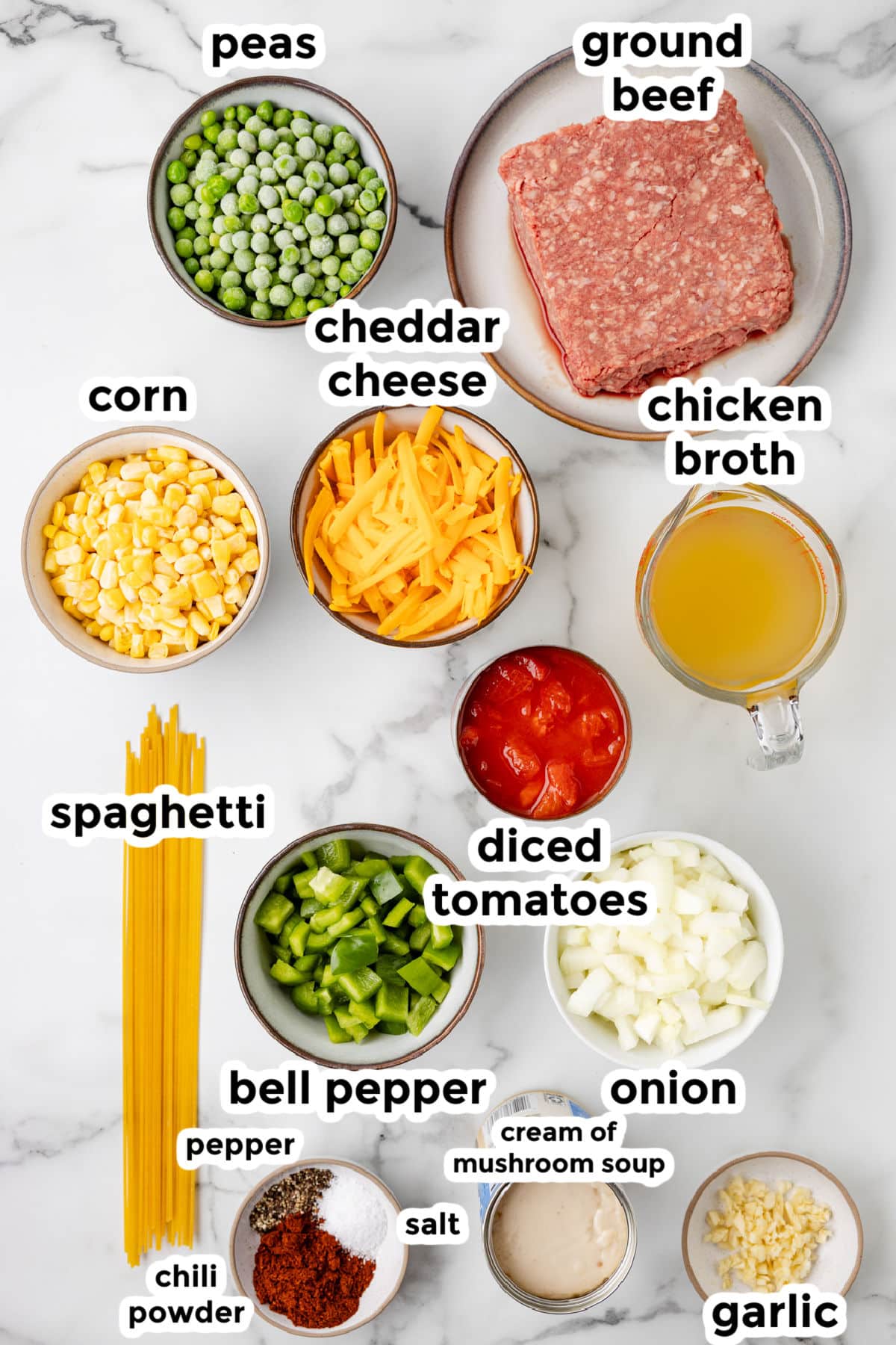 Ingredients for church supper spaghetti on a counter in bowls with title text overlay.