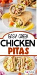 Close-up of Greek chicken pitas filled with chicken, lettuce, tomato, and onion.