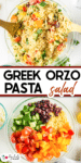 Two bowls show ingredients and a finished Greek orzo pasta salad with orzo, tomatoes, cucumber, bell pepper, and olives. Text reads "Greek Orzo Pasta Salad.