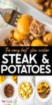 A fork holds a piece of steak and a small potato above a bowl. Below, text reads "The very best slow cooker steak & potatoes" with step-by-step ingredient images underneath.
