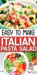 A bowl of Italian pasta salad with rotini, tomatoes, broccoli, olives, cheese, and bell peppers, surrounded by small bowls of salad ingredients and seasonings.