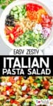 A bowl of Italian pasta salad in a bowl and close up with fresh vegetables.