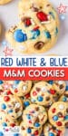 A close-up of red, white, and blue M&M cookies piled high, one with a bite taken out.