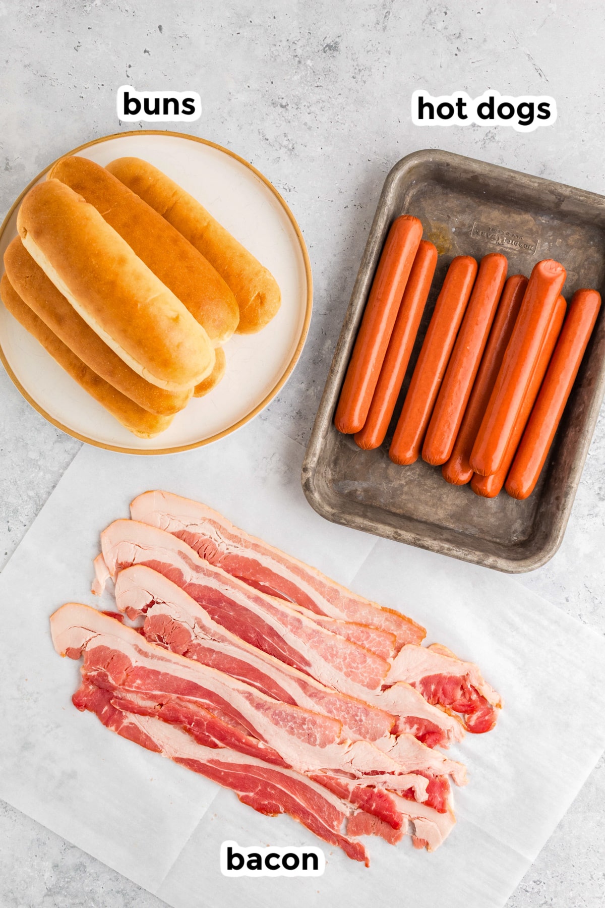 A plate of hot dog buns, a tray of hot dogs, and slices of raw bacon are labeled and arranged on a gray surface.