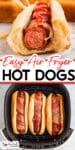 A close-up of bacon-wrapped hot dogs topped with ketchup in a bun with a bite missing, with three bacon-wrapped hot dogs in buns inside an air fryer basket below.