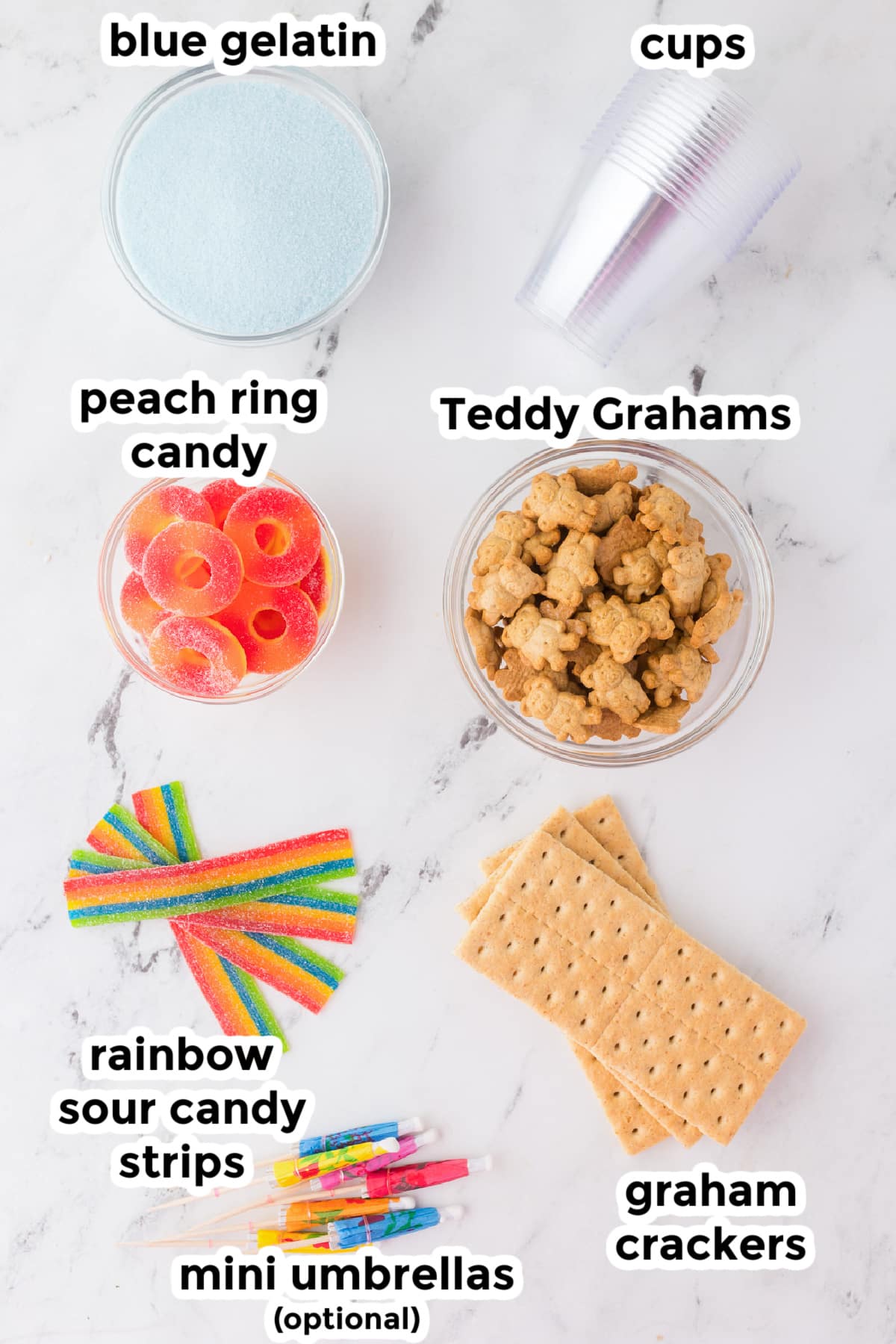 Ingredients for beach gelatin cups with text labels.