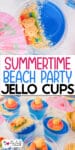 Beach blue Jello cups topped with teddy bear cookies on gummy rings, crushed graham crackers, and mini umbrellas, arranged for a summertime beach party.