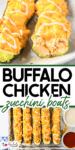 Halved zucchinis filled with buffalo chicken mixture, topped with melted cheese and a drizzle of ranch sauce, served on plates and in a baking tray with dipping sauces nearby.
