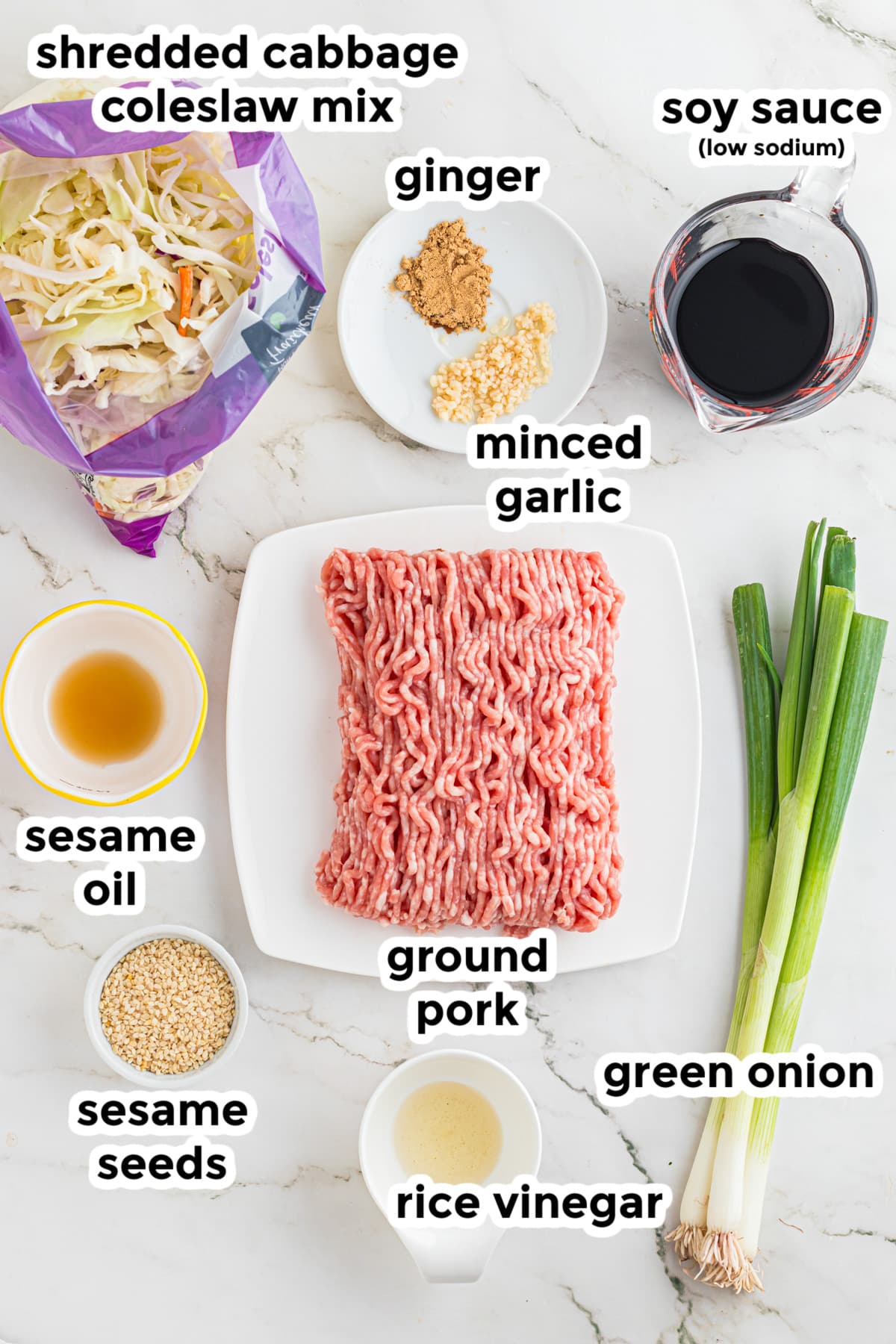 Ingredients for an Asian-inspired dish arranged on a countertop, including ground pork, coleslaw mix, green onions, sesame oil, soy sauce, ginger, garlic, sesame seeds, and rice vinegar.