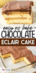 A slice of no-bake chocolate eclair cake with layers of graham crackers, custard, and chocolate frosting on a plate, next to a dish containing the remaining cake.