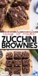 Zucchini brownies cut into squares, some topped with chocolate chips, displayed on parchment paper with a zucchini and chocolate chips nearby.