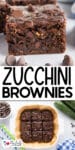 A close-up of chocolate zucchini brownie with chocolate chips over a second image of brownies in a baking dish from overhead.