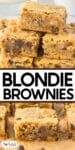 Close-up of chewy blondie brownies stacked on a white plate and on parchment paper, featuring visible chocolate chips and a golden-brown color.