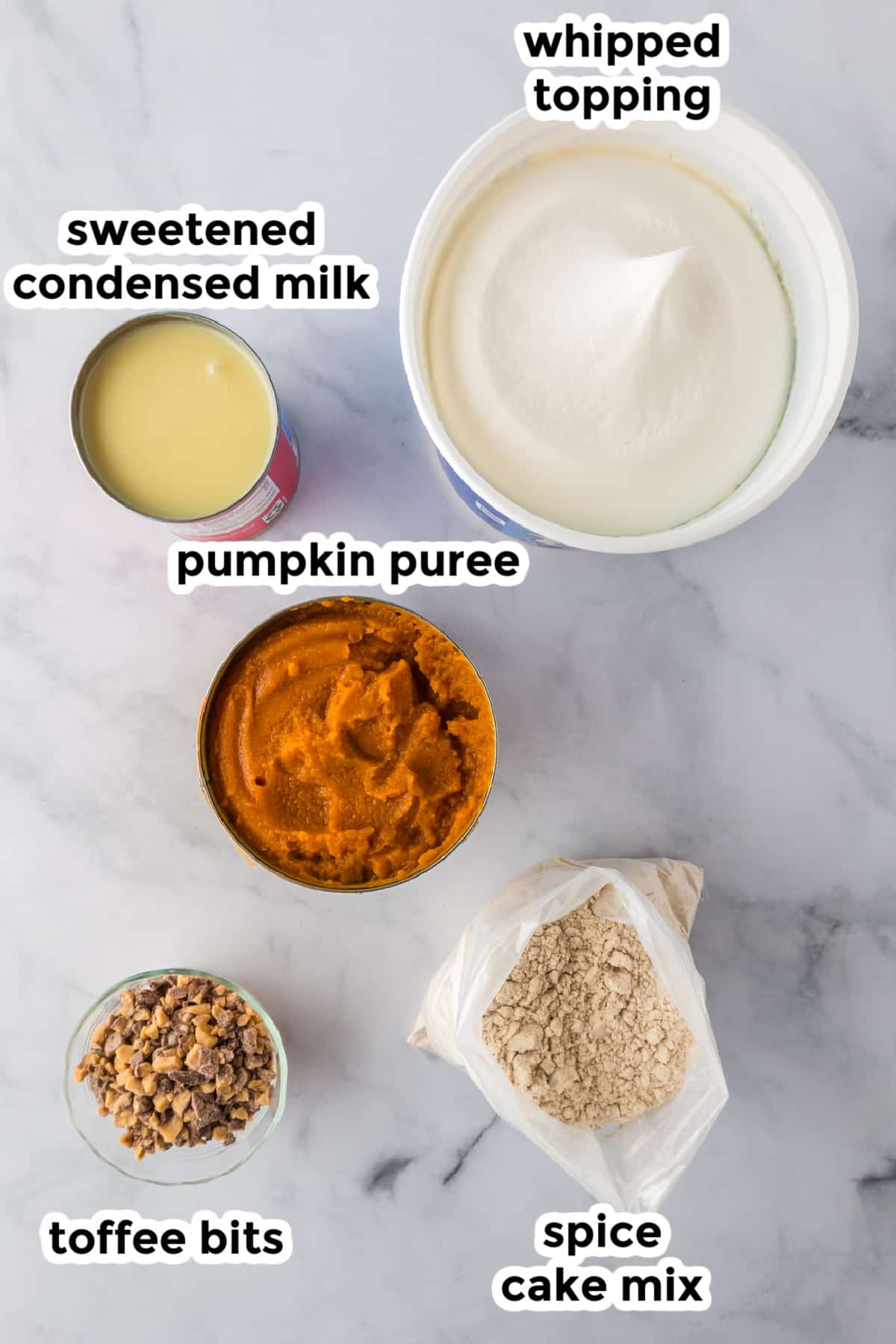 Ingredients for pumpkin poke cake on a counter with text labels.