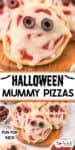 Mini mummy pizzas topped with melted cheese, sliced olives, and sauce are arranged to look like mummies on a wooden board, with the text "Halloween Mummy Pizzas" and "Fun for Kids!" displayed.