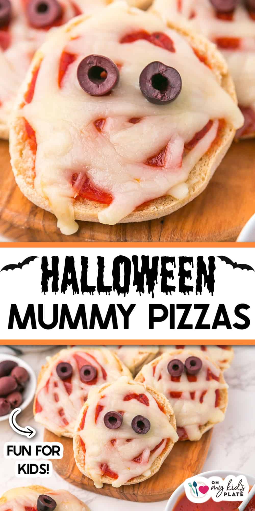 Mini mummy pizzas topped with melted cheese, sliced olives, and sauce are arranged to look like mummies on a wooden board, with the text "Halloween Mummy Pizzas" and "Fun for Kids!" displayed.