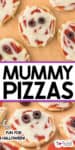 Mini mummy pizzas with melted cheese and olive eyes are arranged on a brown surface, perfectly capturing the Halloween spirit. The text reads "Mummy Pizzas" and "Fun for Halloween!.