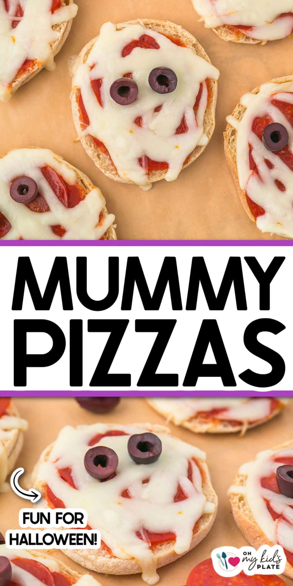 Mini mummy pizzas with melted cheese and olive eyes are arranged on a brown surface, perfectly capturing the Halloween spirit. The text reads "Mummy Pizzas" and "Fun for Halloween!.