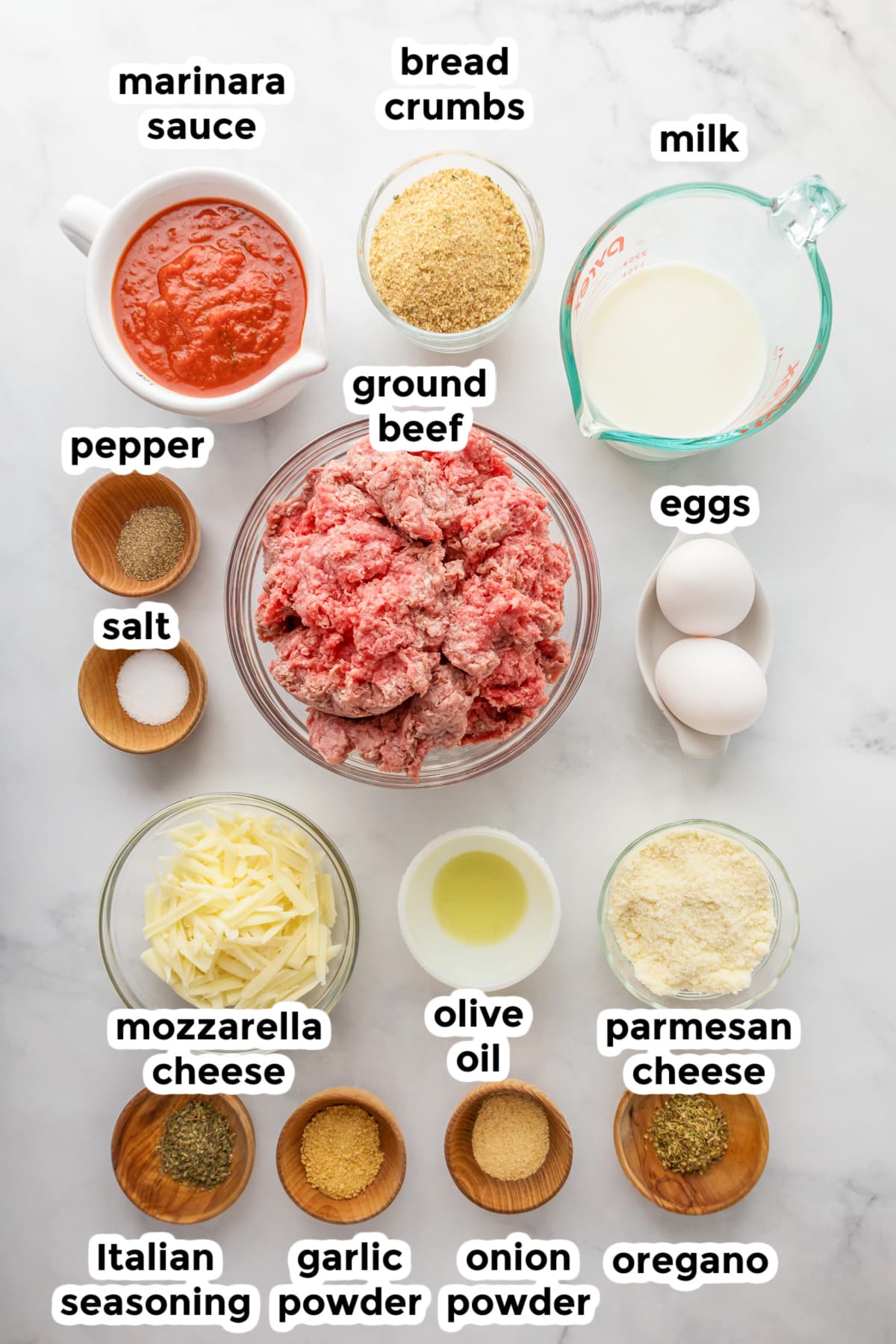 Ingredients for Italian meatloaf on a counter with text labels.