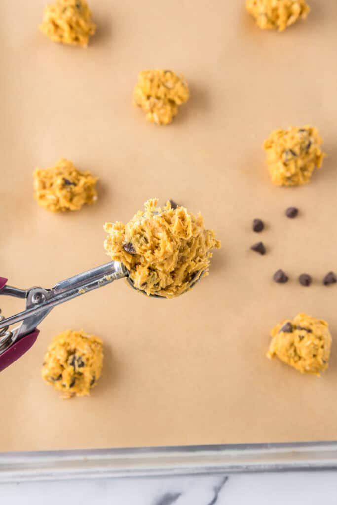 A cookie scoop holding raw pumpkin oatmeal cookie dough above a baking sheet lined with parchment paper, with dough balls spaced out and chocolate chips nearby. Scoop about 1 1/2 tablespoons of dough and leave space for spreading.
