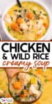 A bowl of creamy chicken and wild rice soup with chunks of chicken, carrots, celery, and herbs, shown with a spoon and a close-up view of the ingredients.