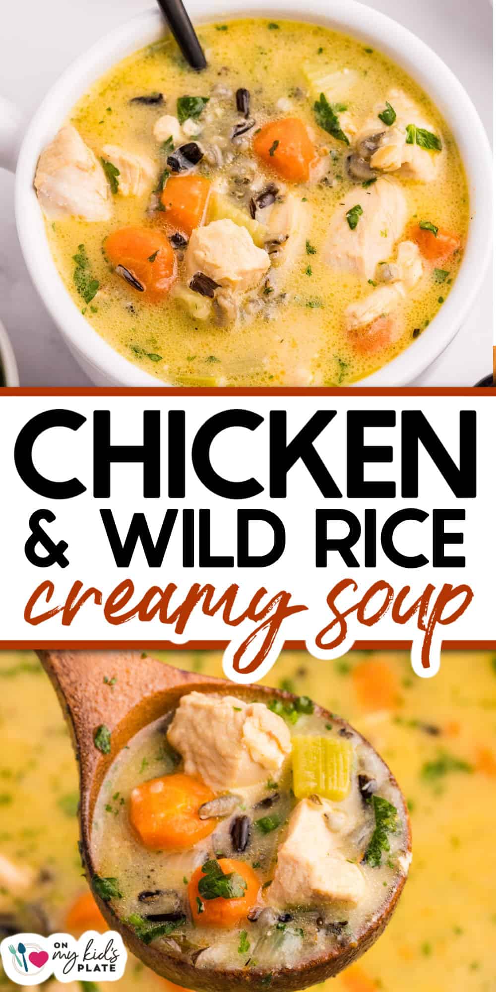 A bowl of creamy chicken and wild rice soup with chunks of chicken, carrots, celery, and herbs, shown with a spoon and a close-up view of the ingredients.