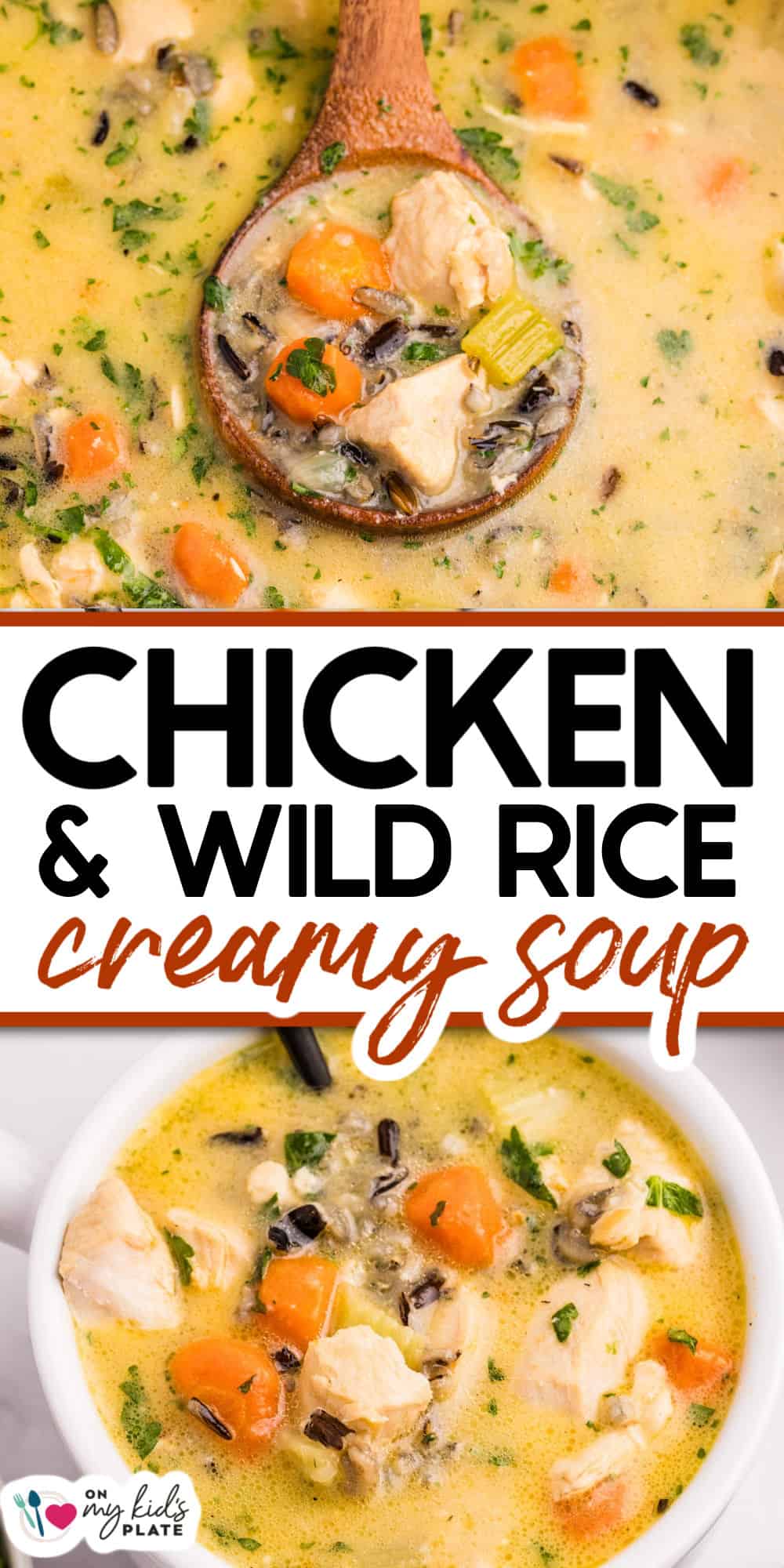 A bowl of creamy chicken and wild rice soup with carrots, celery, and herbs, shown with a wooden spoon and garnished with parsley.