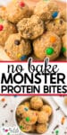 Round, no-bake monster protein bites with oats, chocolate chips, and colorful candy pieces arranged on a wooden board and in a white bowl.
