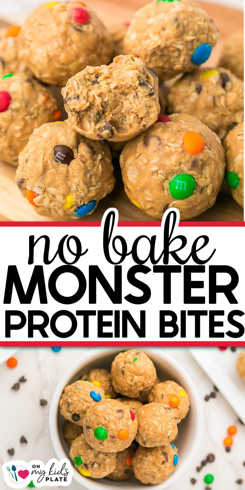 Round, no-bake monster protein bites with oats, chocolate chips, and colorful candy pieces arranged on a wooden board and in a white bowl.