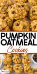 Pumpkin oatmeal cookies with chocolate chips on parchment paper and a cooling rack, surrounded by bowls of chocolate chips and oats.