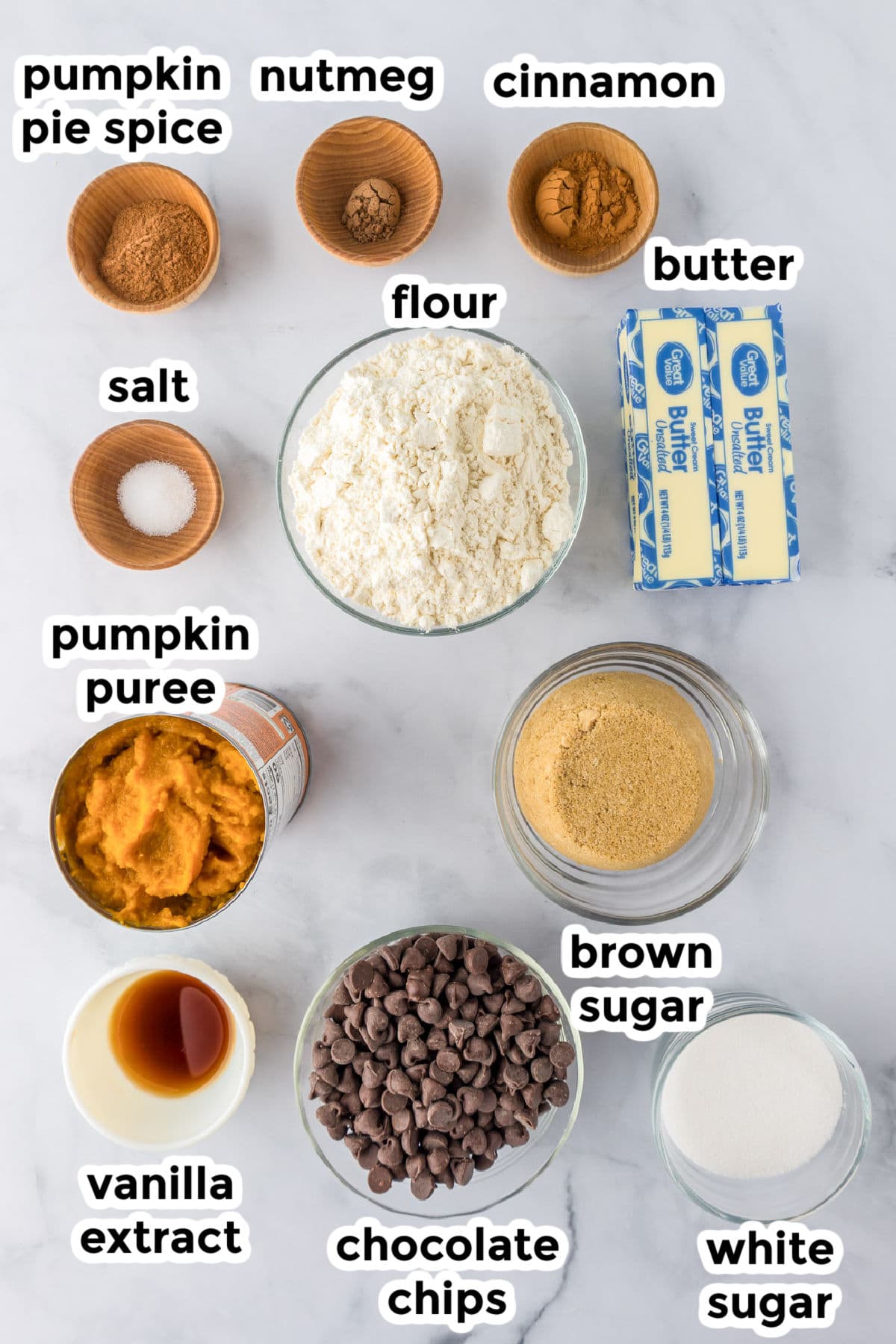 Top-down view of labeled ingredients for making pumpkin chocolate chip bars including flour, butter, pumpkin puree, sugars, chocolate chips, vanilla extract, spices, and salt, arranged on a counter with text titles.