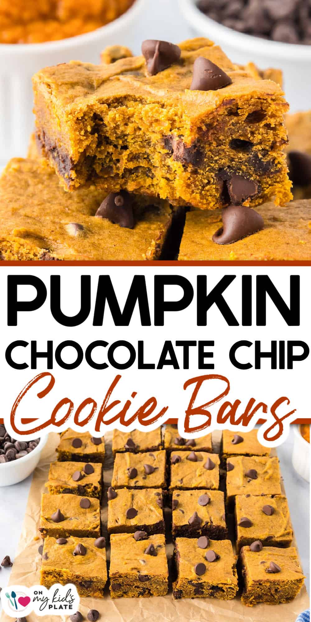 Pumpkin chocolate chip cookie bars cut into squares, with melty chocolate chips on top and throughout, are displayed on a parchment-lined surface. These pumpkin chocolate chip cookie bars look as delicious as they taste.