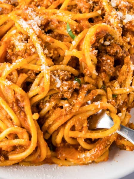 A close-up of ground turkey spaghetti with meat sauce, topped with grated cheese, served on a white plate with a fork twirling noodles.